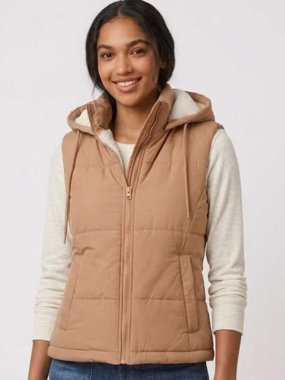 🍂 Love Tree Camel Sherpa Hooded Zippered Puffer Vest with Zip Pockets | Small